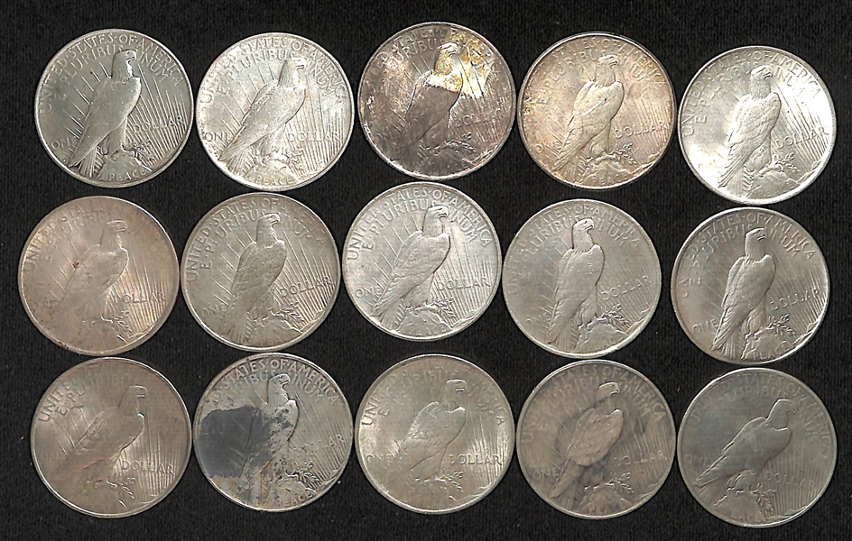 Lot of (15) US Peace Silver Dollars from 1922-1934-D
